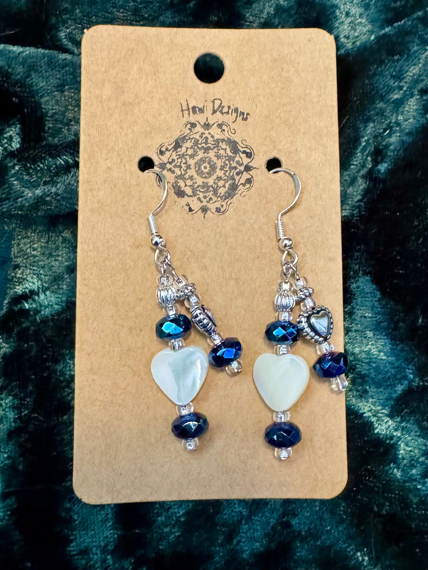 Blue and Silver Mother of Pearl Heart Earrings